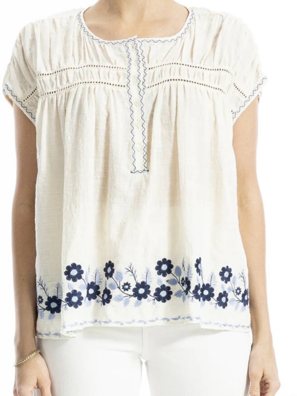 Max Studio London peasant blouse featuring blue floral embroidery M